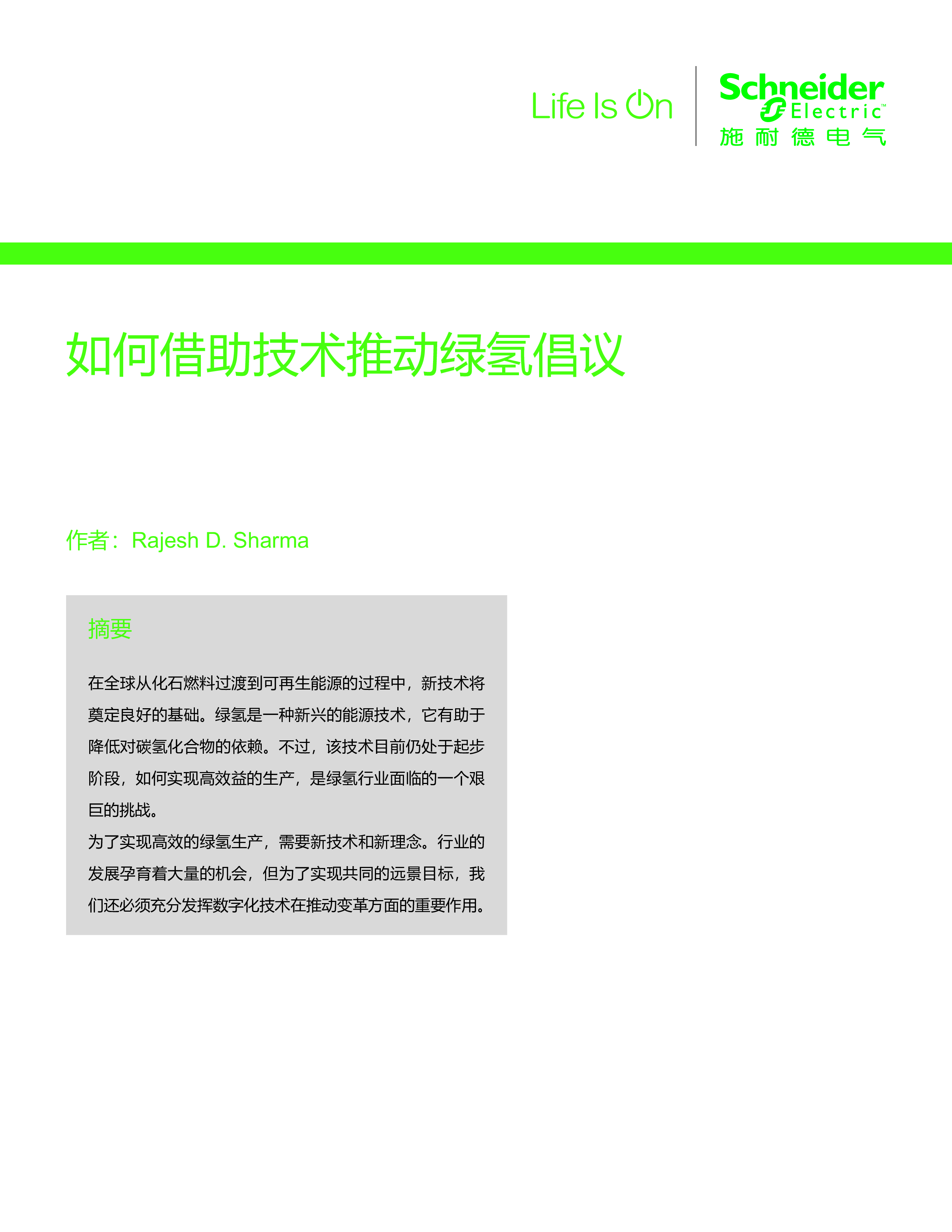施耐德电气2023化工油气行业白皮书-如何借助技术推动绿氢倡议12页